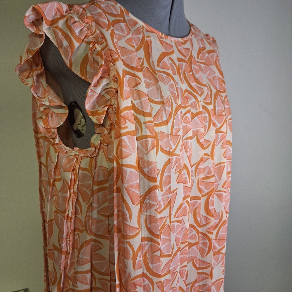 DR2 Orange Slice Pleated Front Ruffle Sleeve Blouse Size Med - Picture 1 of 8